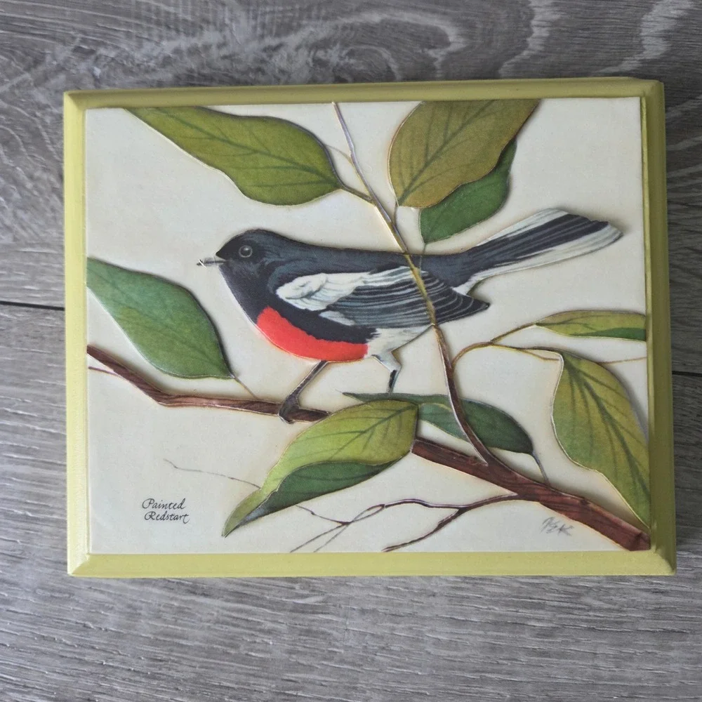 Vintage 1973 3D Paper Tole Bird Wall Art Set 4 Wood Plaques Yellow Cottagecore